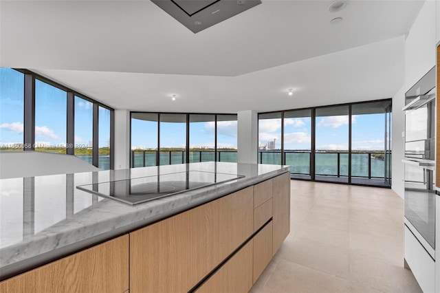 kitchen with expansive windows, light stone counters, and black cooktop