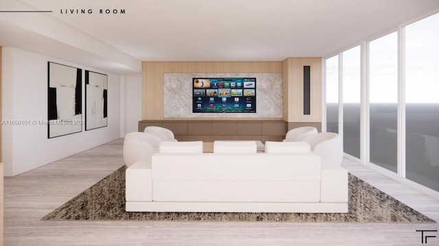 living room featuring light hardwood / wood-style floors and expansive windows