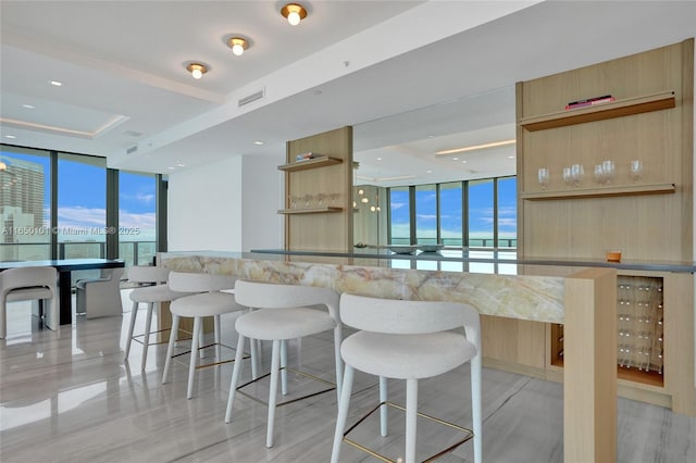 kitchen featuring a wall of windows, a kitchen bar, and plenty of natural light