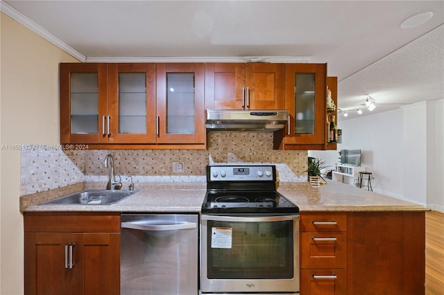 kitchen with light wood-type flooring, sink, stainless steel appliances, and decorative backsplash