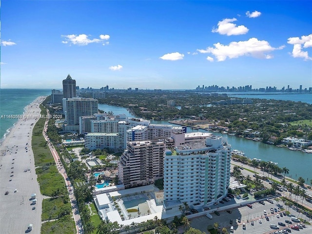 aerial view featuring a water view