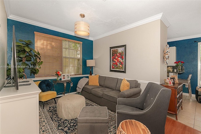 tiled living room featuring crown molding