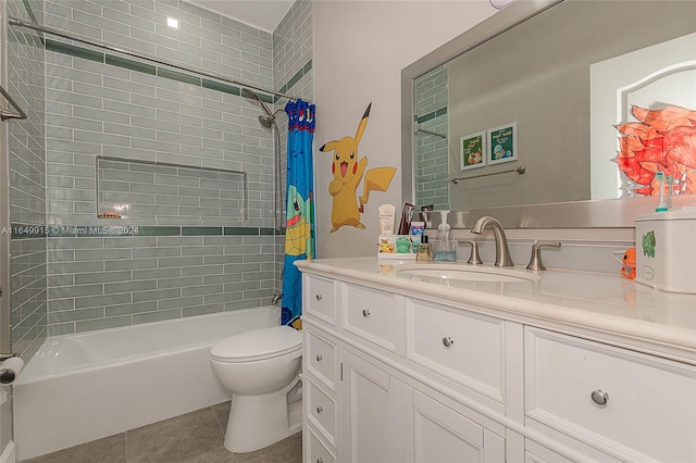 full bathroom with vanity, toilet, shower / tub combo with curtain, and tile patterned floors