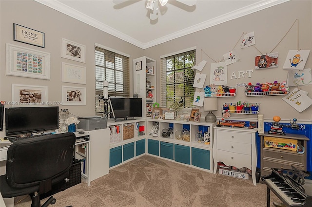 home office with crown molding, carpet flooring, and ceiling fan