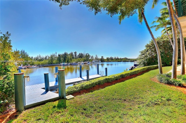 view of dock featuring a water view and a lawn