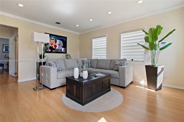 living room with light hardwood / wood-style floors and crown molding