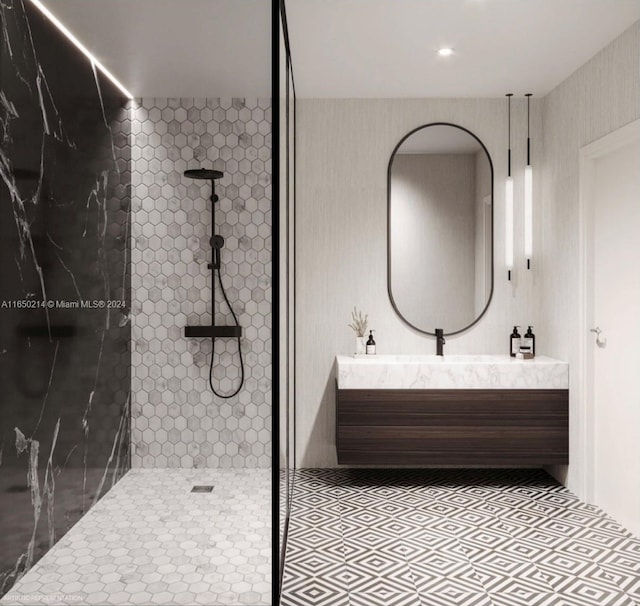 full bathroom featuring vanity and a walk in shower
