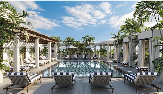 pool with a patio area, a pergola, and a gazebo