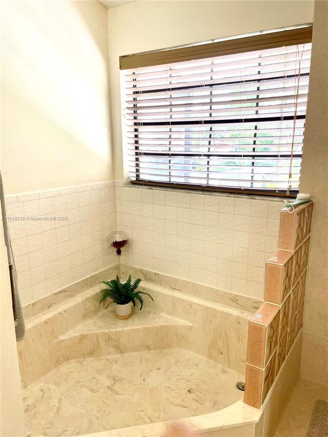 bathroom with a relaxing tiled tub