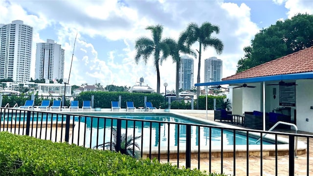 view of swimming pool with a patio and ceiling fan