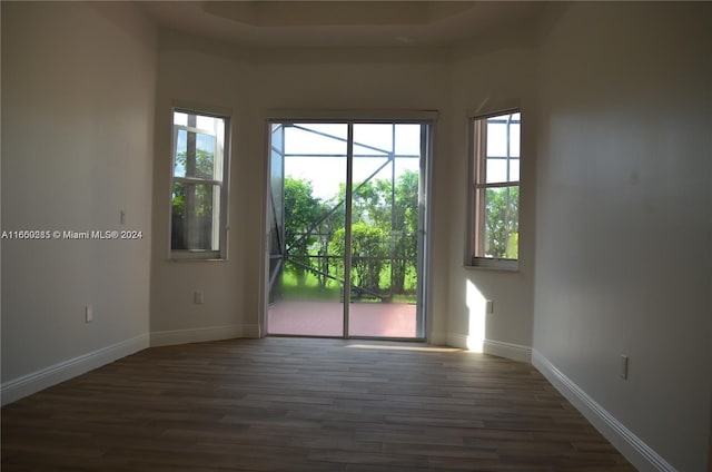 interior space with plenty of natural light, dark hardwood / wood-style floors, and a tray ceiling