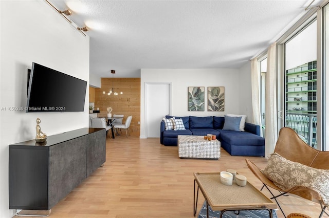 living room featuring a textured ceiling, rail lighting, and light wood-type flooring