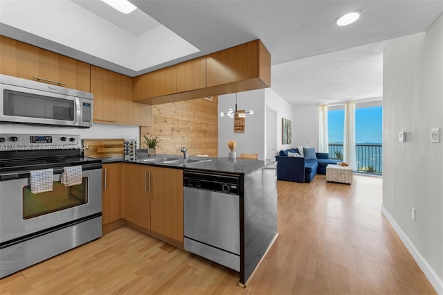 kitchen with kitchen peninsula, sink, appliances with stainless steel finishes, expansive windows, and light hardwood / wood-style floors