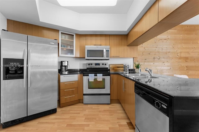 kitchen with wood walls, stainless steel appliances, light hardwood / wood-style floors, and sink