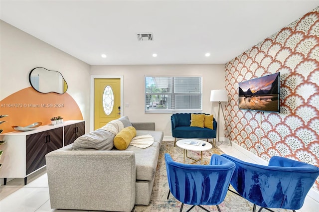 living room featuring light tile patterned flooring