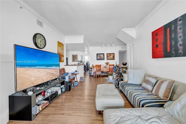 living room with crown molding, a textured ceiling, and light wood-type flooring