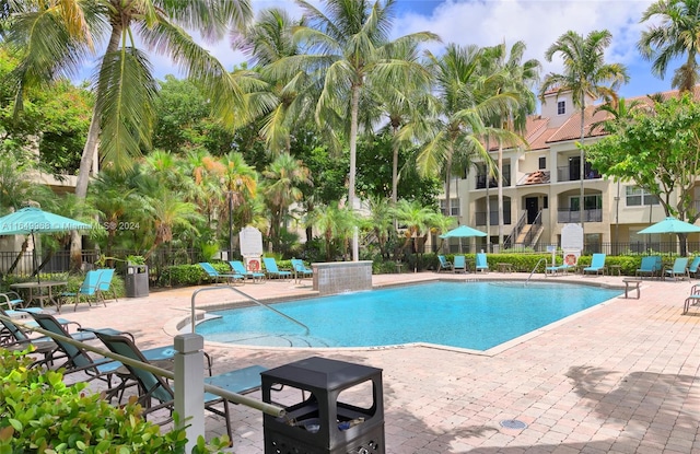 view of swimming pool with a patio area