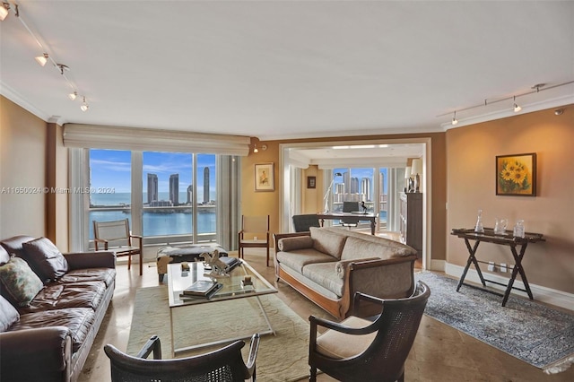 living room featuring crown molding, rail lighting, and a water view