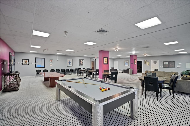 playroom with carpet flooring, a paneled ceiling, and pool table