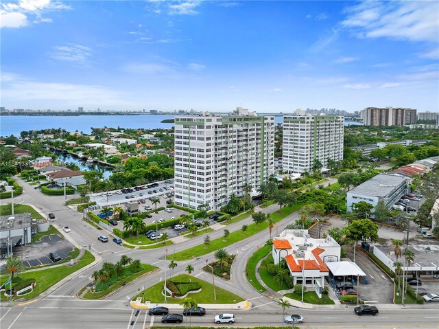 bird's eye view with a water view