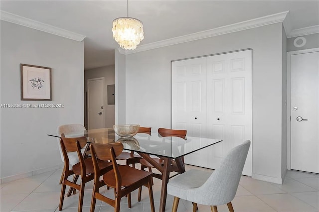 tiled dining room with crown molding, electric panel, and a notable chandelier