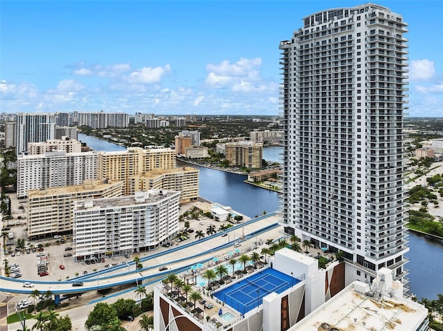 drone / aerial view featuring a water view