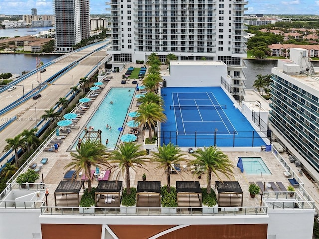 bird's eye view with a water view