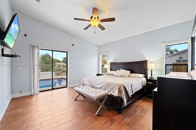 bedroom with access to outside, ceiling fan, and lofted ceiling