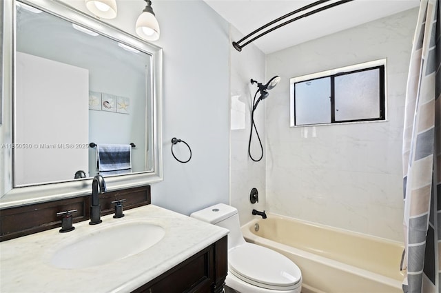 full bathroom with toilet, shower / tub combo, and vanity