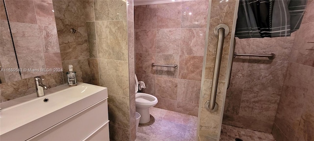 bathroom featuring vanity, toilet, a tile shower, and tile walls