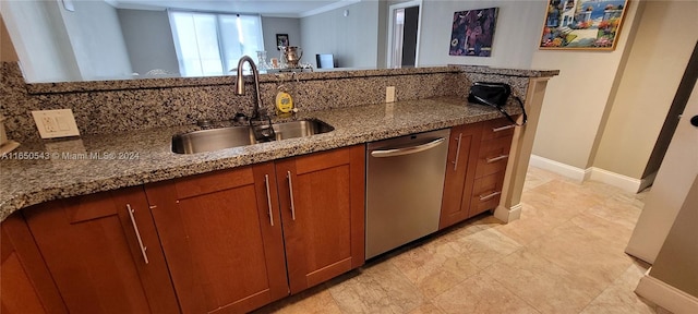 kitchen featuring crown molding, kitchen peninsula, sink, stone countertops, and stainless steel dishwasher