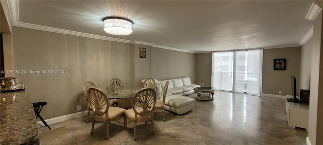 living room with a wall of windows and ornamental molding