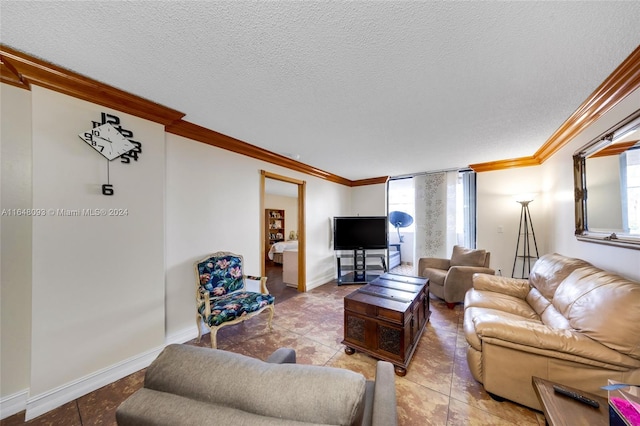 living room with ornamental molding, a textured ceiling, and a healthy amount of sunlight