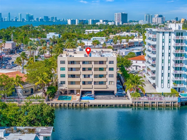 aerial view featuring a water view