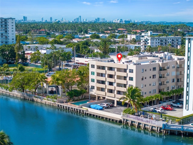 drone / aerial view with a water view