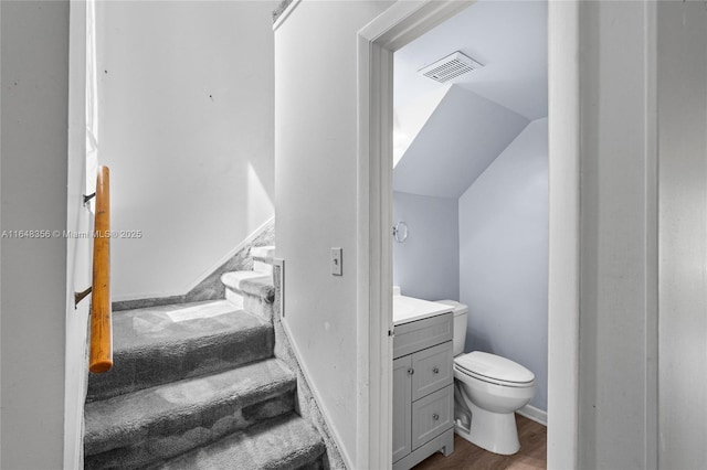 8145 Lagos De Campo Blvd Unit D-1, Tamarac, FL 33321 - bathroom featuring vanity, vaulted ceiling, and wood finished floors