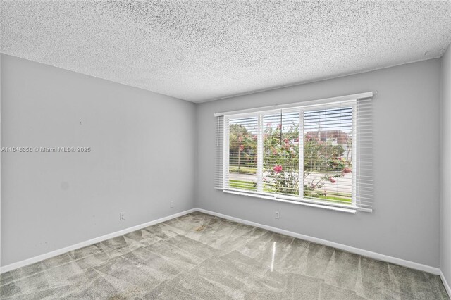 empty room with a textured ceiling and light colored carpet