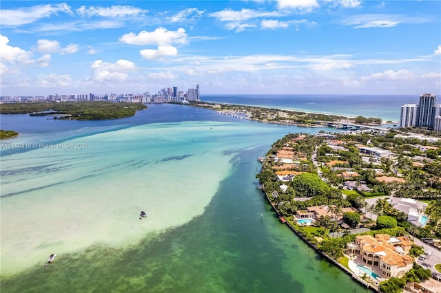 bird's eye view featuring a water view and a beach view