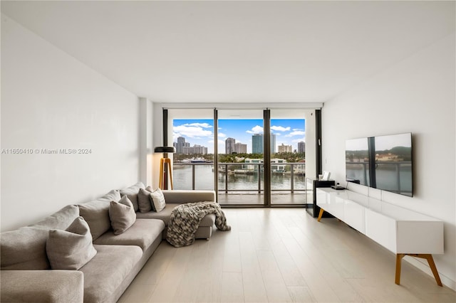 living room featuring expansive windows and light hardwood / wood-style flooring