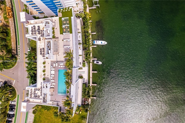 drone / aerial view featuring a water view