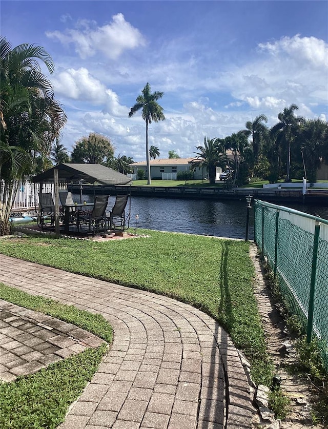 view of yard with a water view and a gazebo