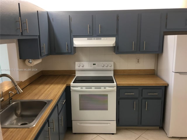 kitchen with white appliances, light tile patterned floors, backsplash, and sink