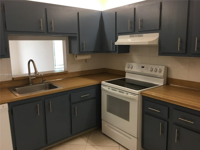 kitchen with sink, wood counters, and white appliances