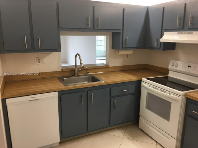 kitchen featuring white appliances, backsplash, sink, and wood counters