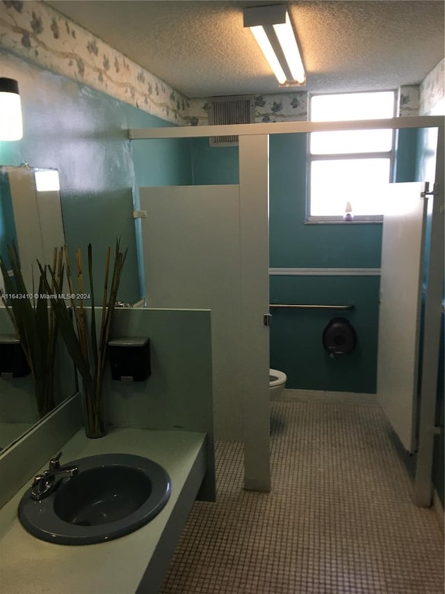 bathroom with toilet, walk in shower, sink, and a textured ceiling