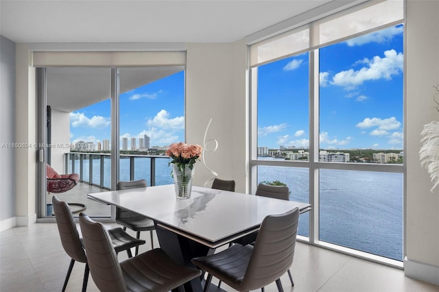 dining space featuring a water view and a healthy amount of sunlight