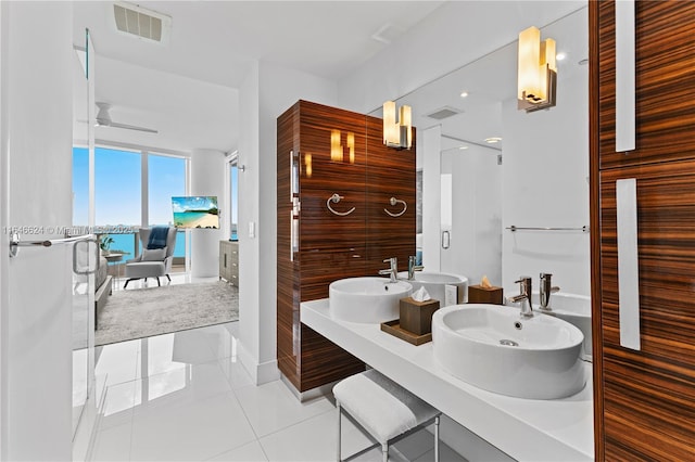 bathroom featuring vanity, tile patterned floors, ceiling fan, and a shower with shower door