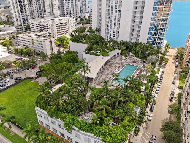 aerial view featuring a water view