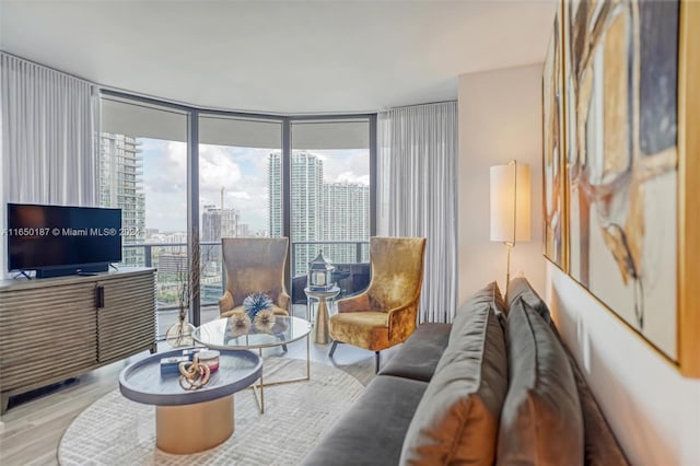 living room with light hardwood / wood-style floors and floor to ceiling windows