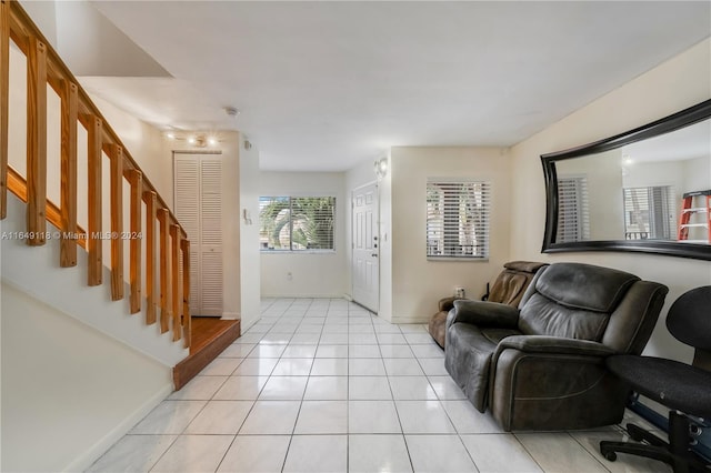 living room featuring light tile patterned floors